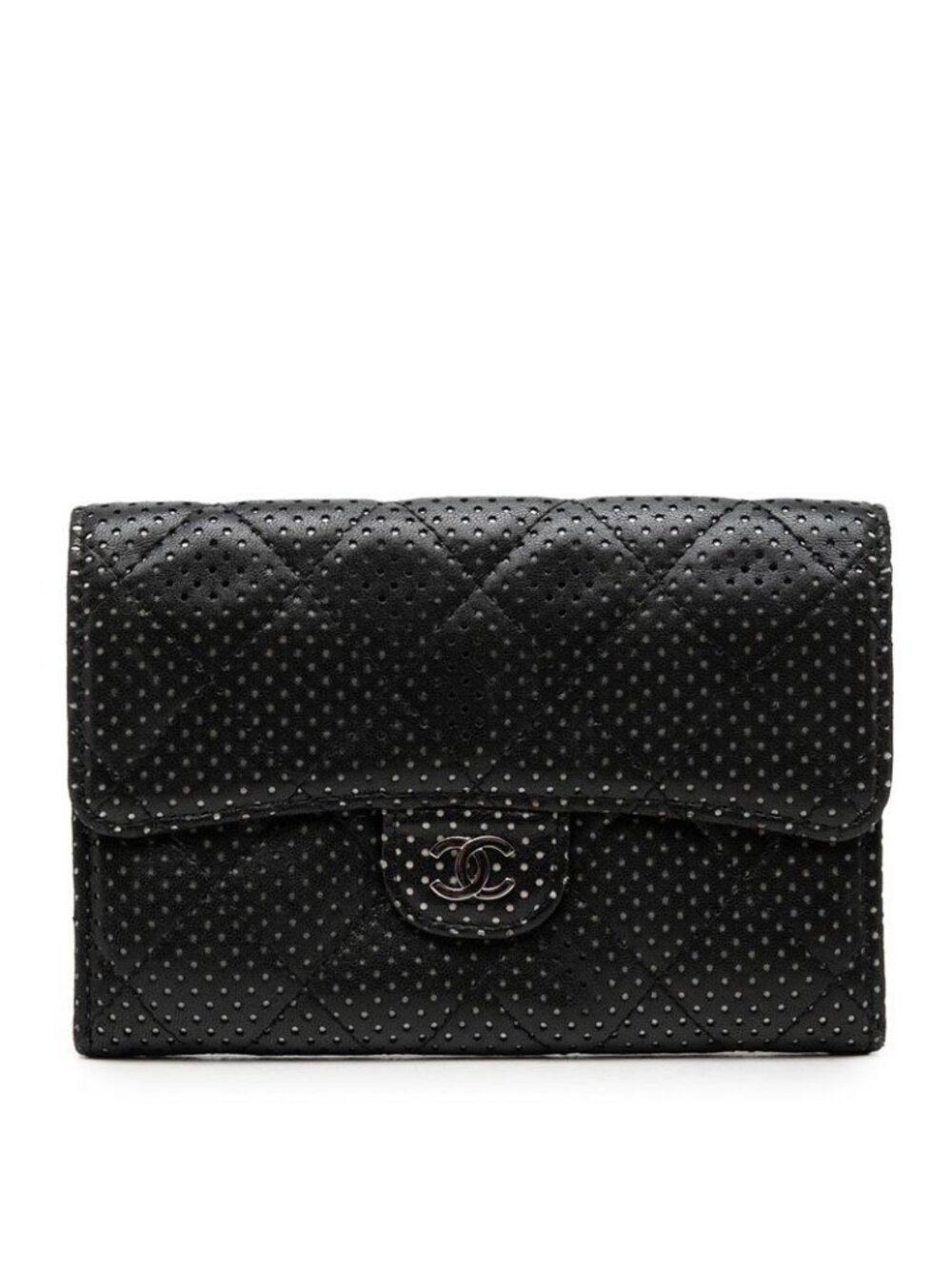 Chanel CC Logo Quilted Perforated Bifold Wallet Black Silver Lambskin